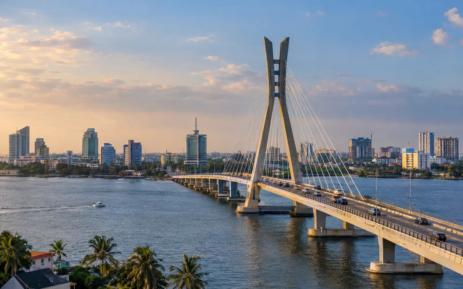The Lekki-Ikoyi bridge and the Lagos skyline at sunset