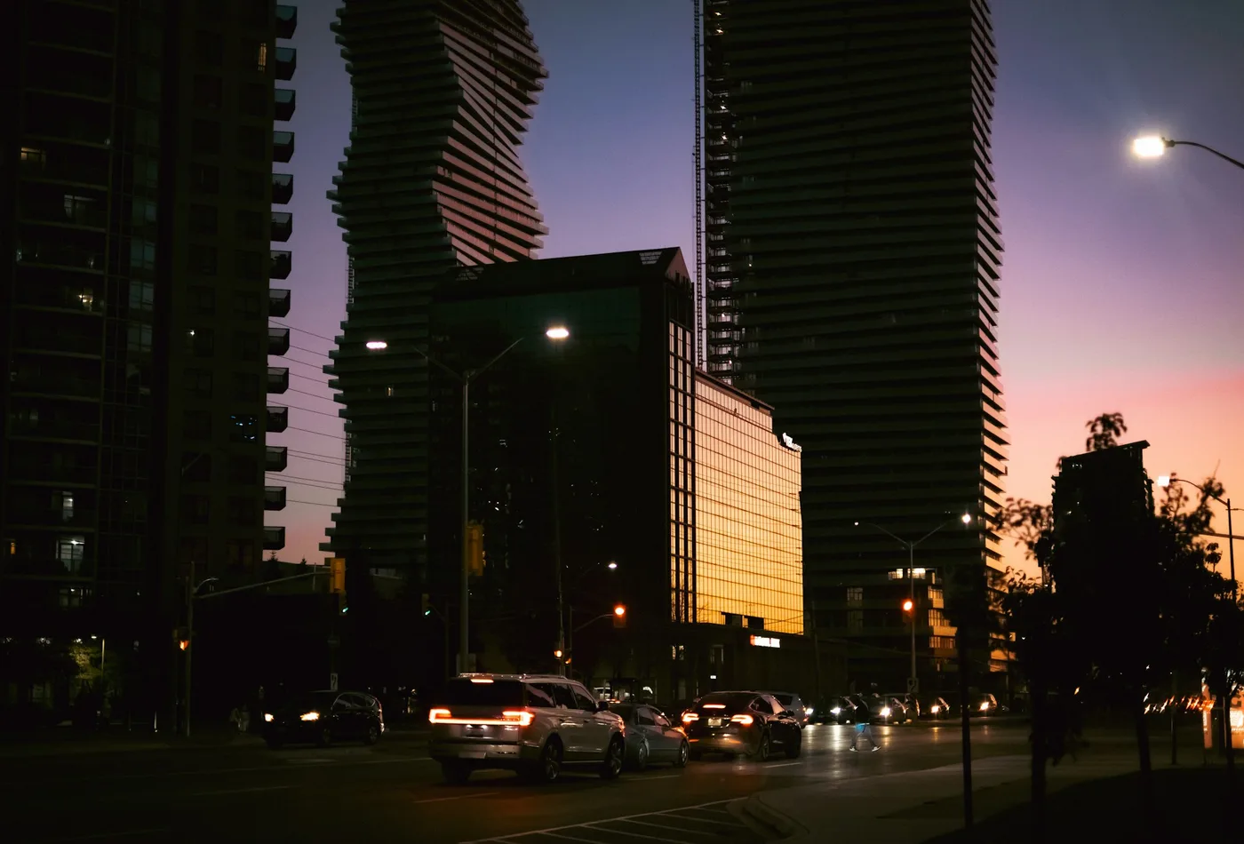 A Mississauga city street beneath its downtown towers