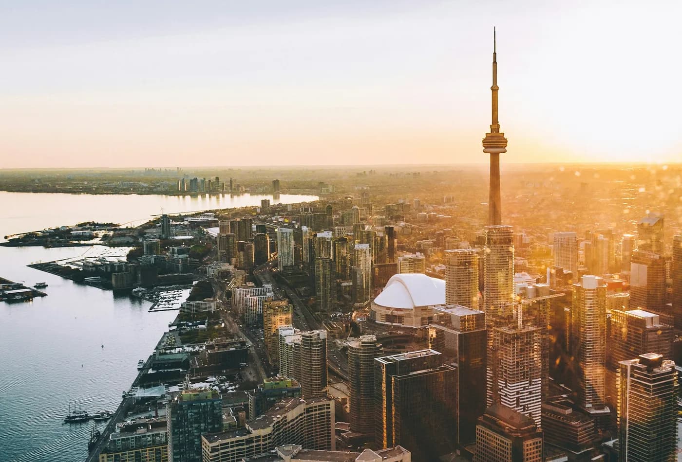 An aerial view of the Toronto skyline and CN Tower