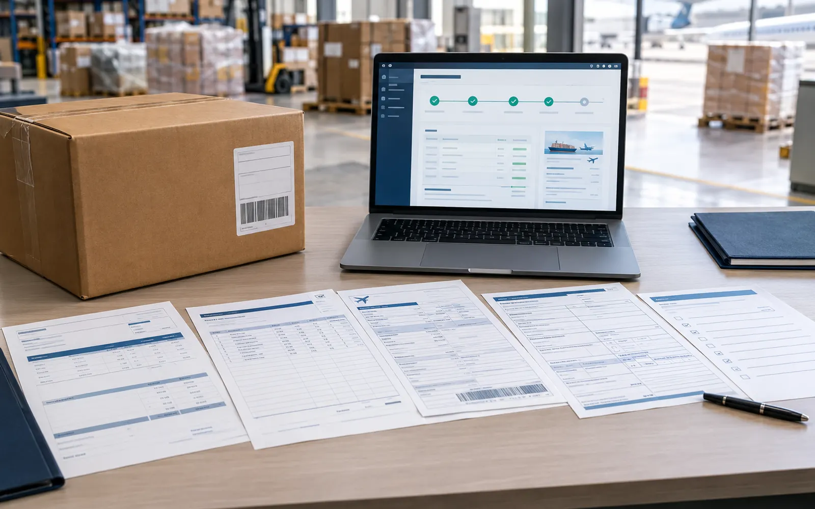 Customs forms, a labelled parcel and a laptop on a desk in a cargo warehouse