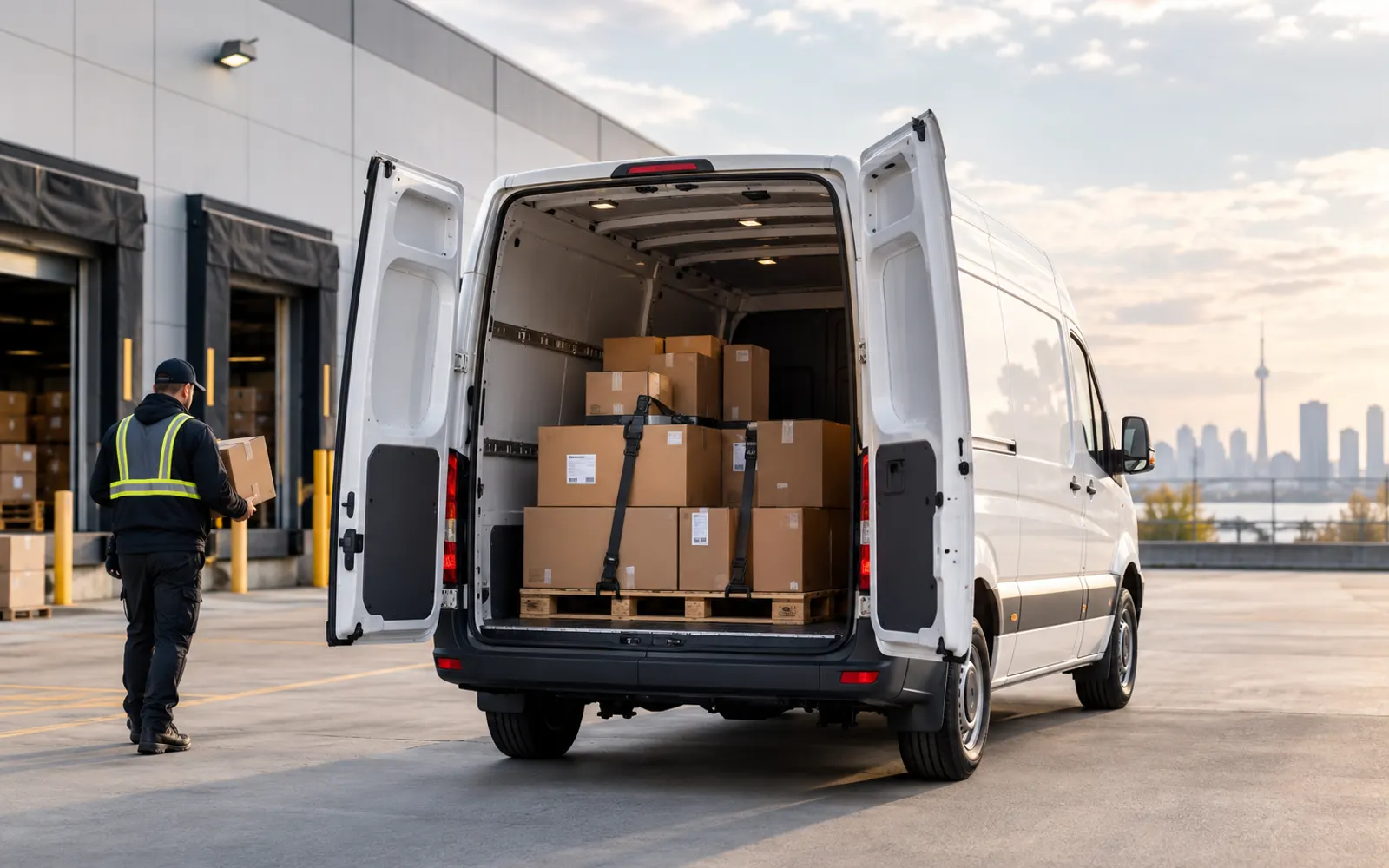 A courier loading strapped boxes into a van, with the Toronto skyline behind