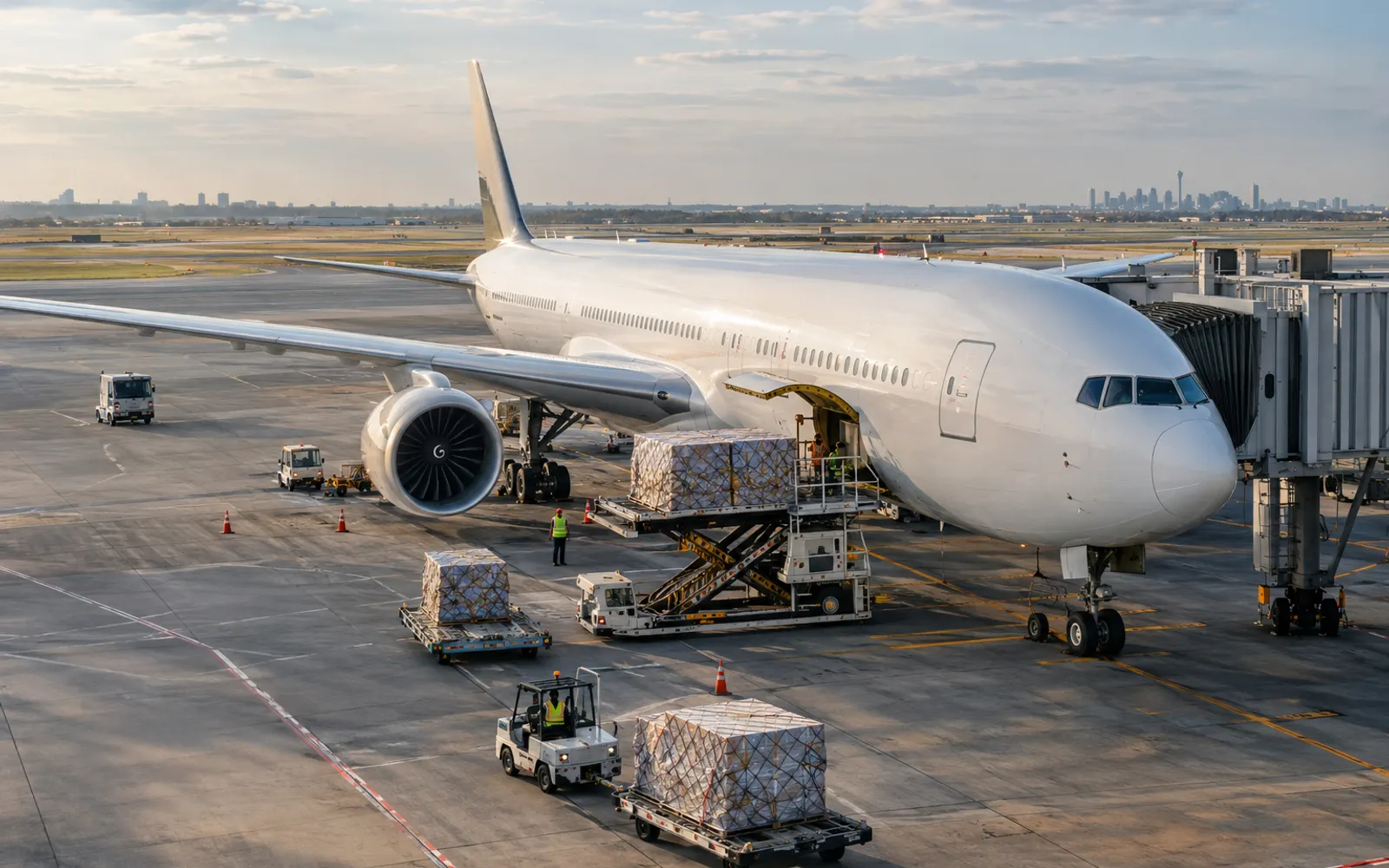 Cargo pallets being loaded onto a plane at the airport, with the Toronto skyline behind
