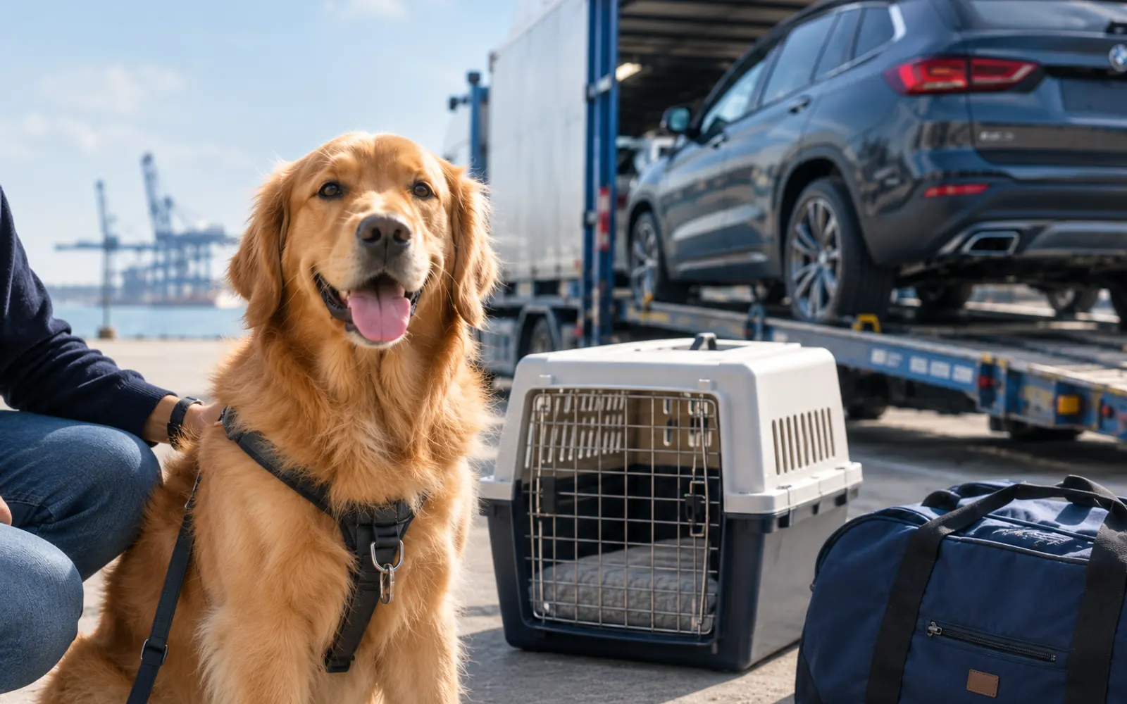 A golden retriever beside a travel crate, with a car on a transport trailer behind