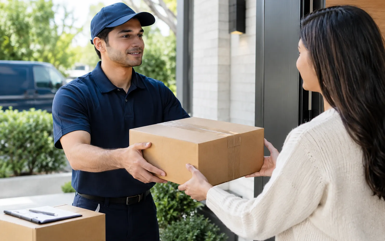 A courier handing a parcel to a customer at her front door