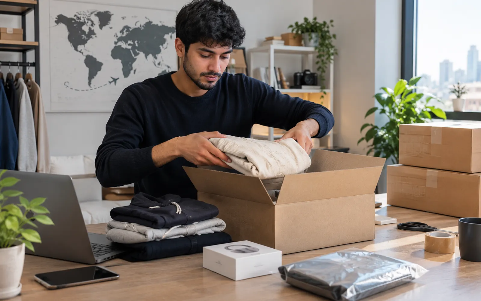 A customer packing clothes from online orders into a box to ship abroad