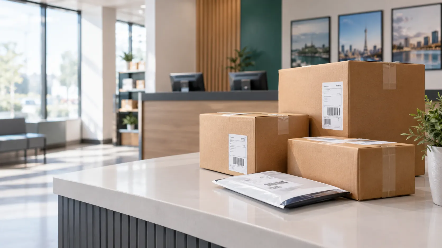 Labelled parcels ready on the counter of a courier office