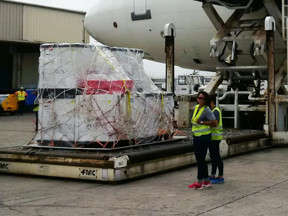 Ground crew beside a netted cargo pallet being loaded onto a freighter aircraft