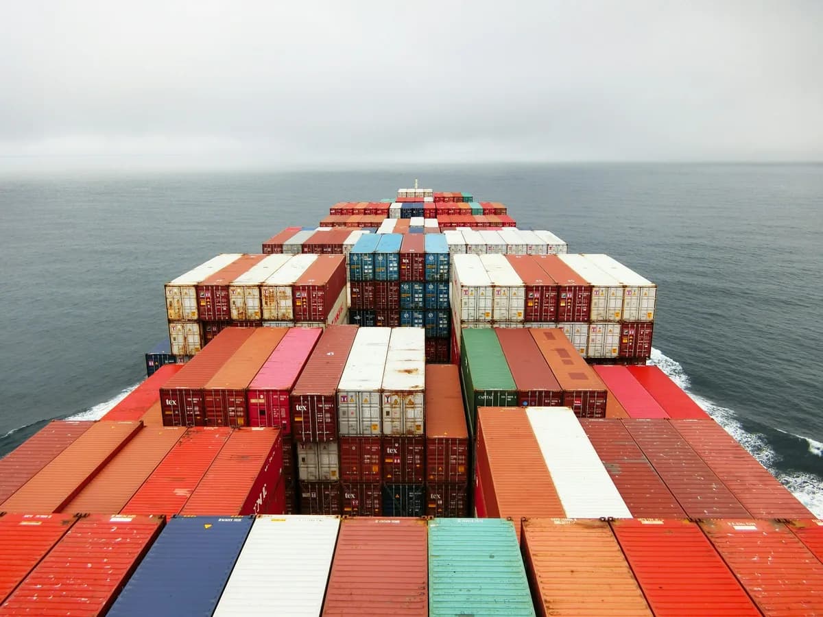 Container ship at sea, loaded with shipping containers