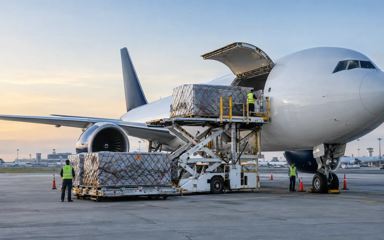 A wrapped cargo pallet being lifted into a freighter plane at sunrise