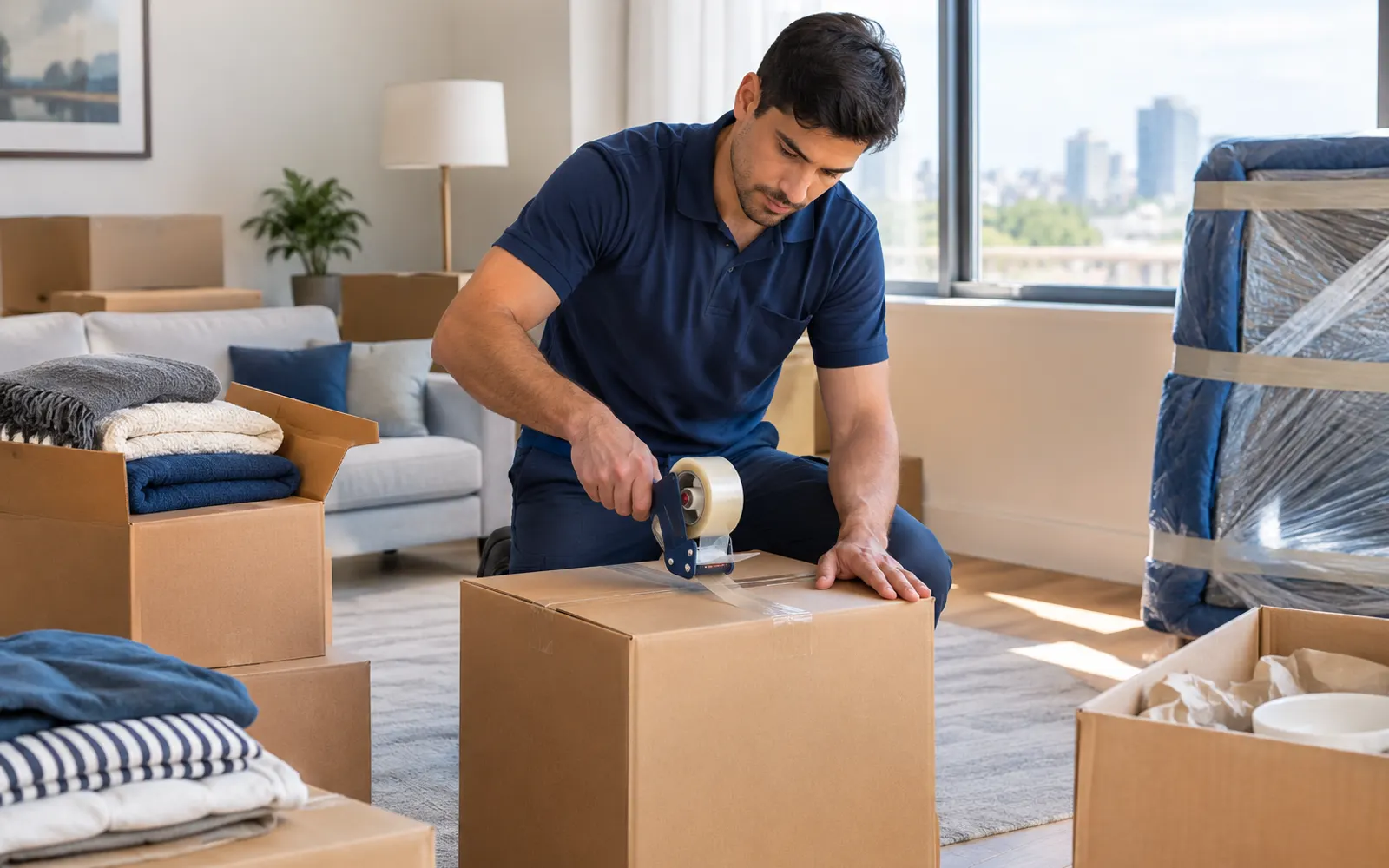 A mover packing and taping boxes in a home for an international move
