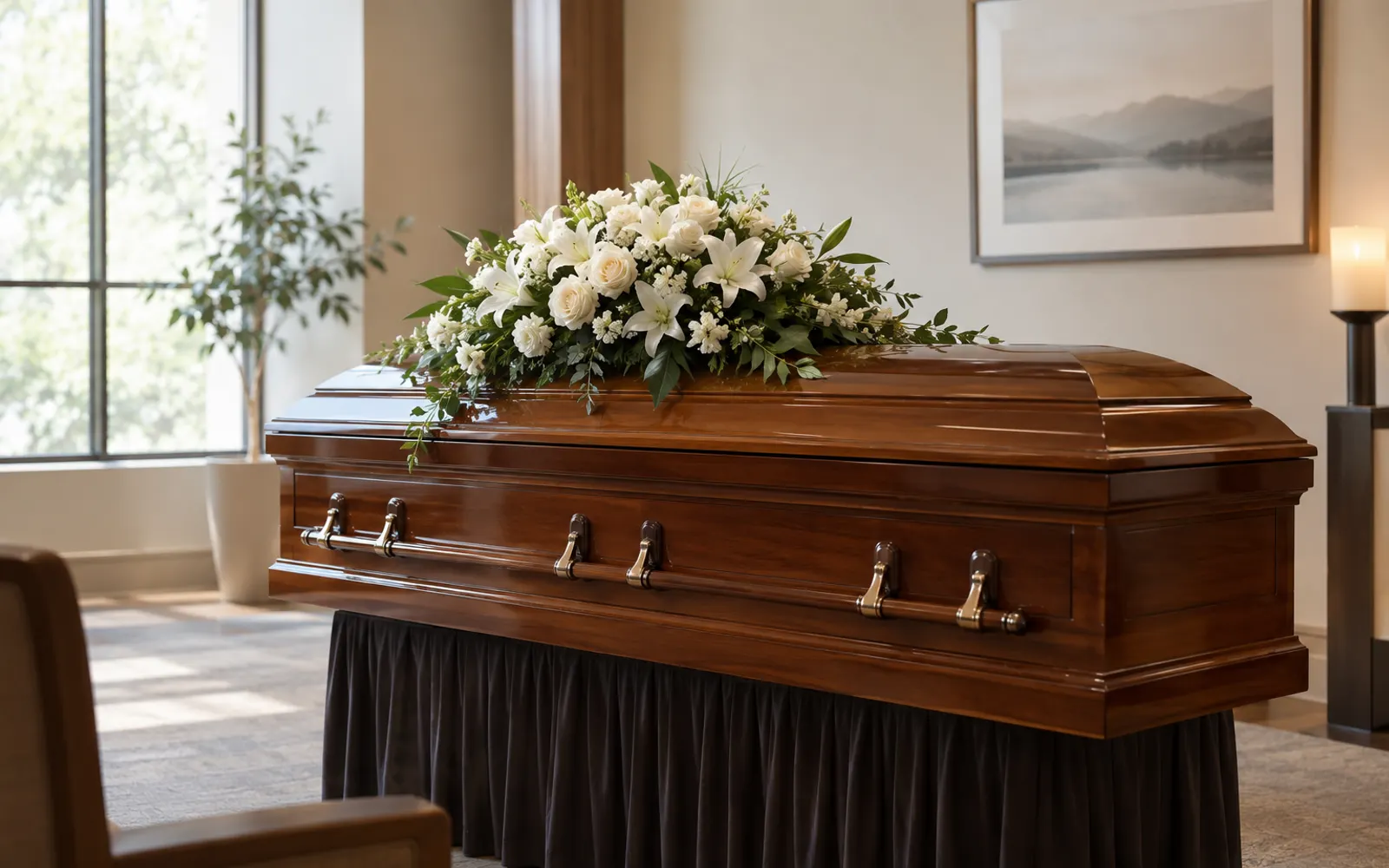 A wooden casket with white flowers in a quiet, sunlit room