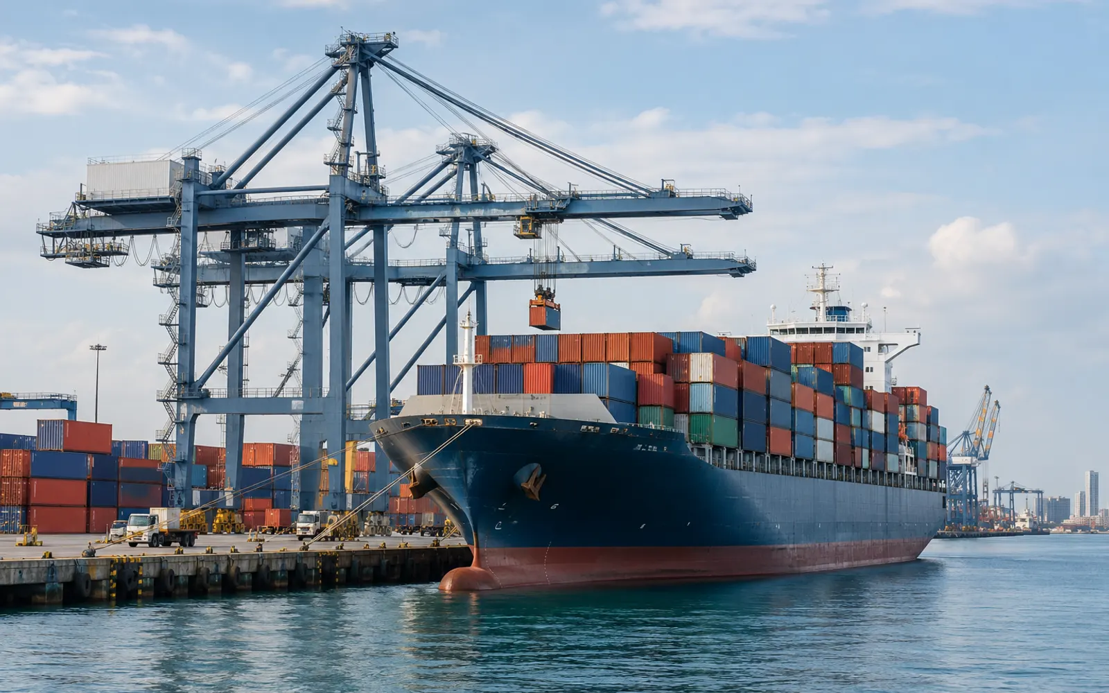 A container ship being loaded by cranes at a port