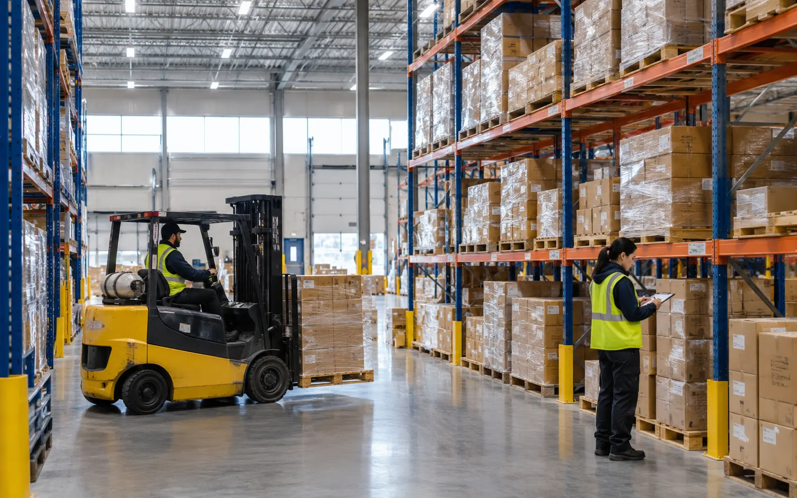 A forklift moving a wrapped pallet past racked boxes in a distribution warehouse