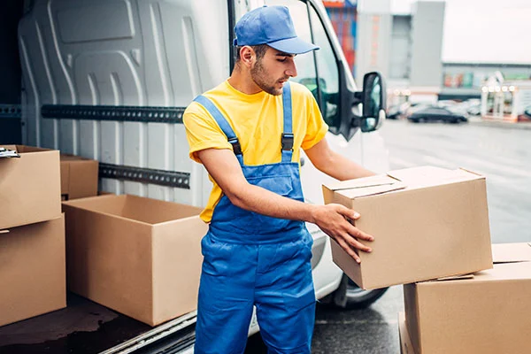 cargo delivery service male courier unload truck